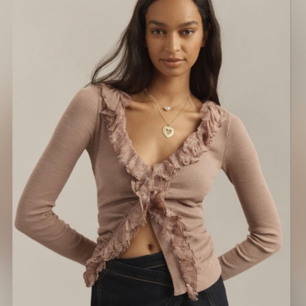 Anthropologie Mauve Ruffle Trim Blouse